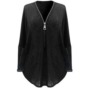 Black Sheer Zip-Up Long Sleeve Sweater Blouse